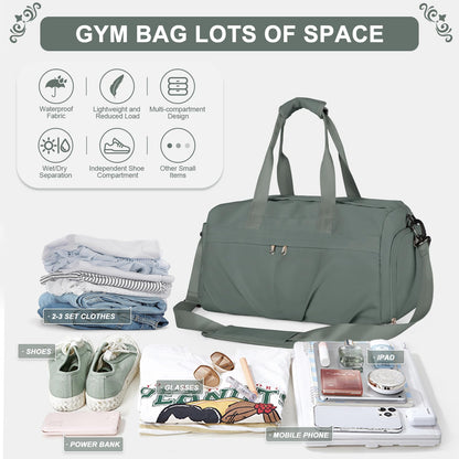 HYC00 Sport Duffel Bag Women's Sports Bag with Shoe Compartment Women's Weekender Travel Bag Carry-on Bag for Airplane Gym Bag Swim Bag Training Bag Overnight Bag, Army Green