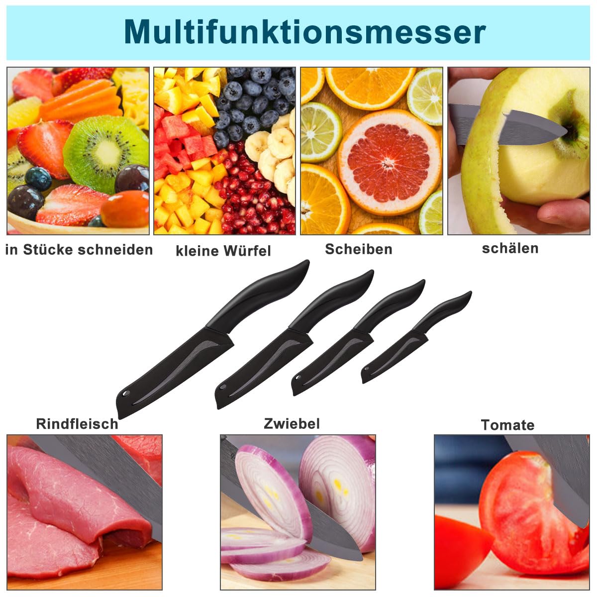 Ceramic Knife Set 4 - Very sharp vegetable knife Good handling small kitchen knife, Contains a 7.6cm paring knife, a 10cm fruit knife, a 12.7cm utility knife, a 15.2cm chef's knife (Black)