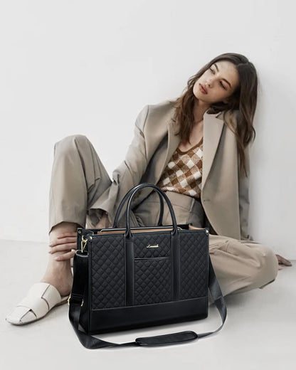 LOVEVOOK laptop bag for women 15.6 inch, waterproof work handbag large school bag shopper business briefcase teacher's bag, leather tote bag notebook bag for office university black