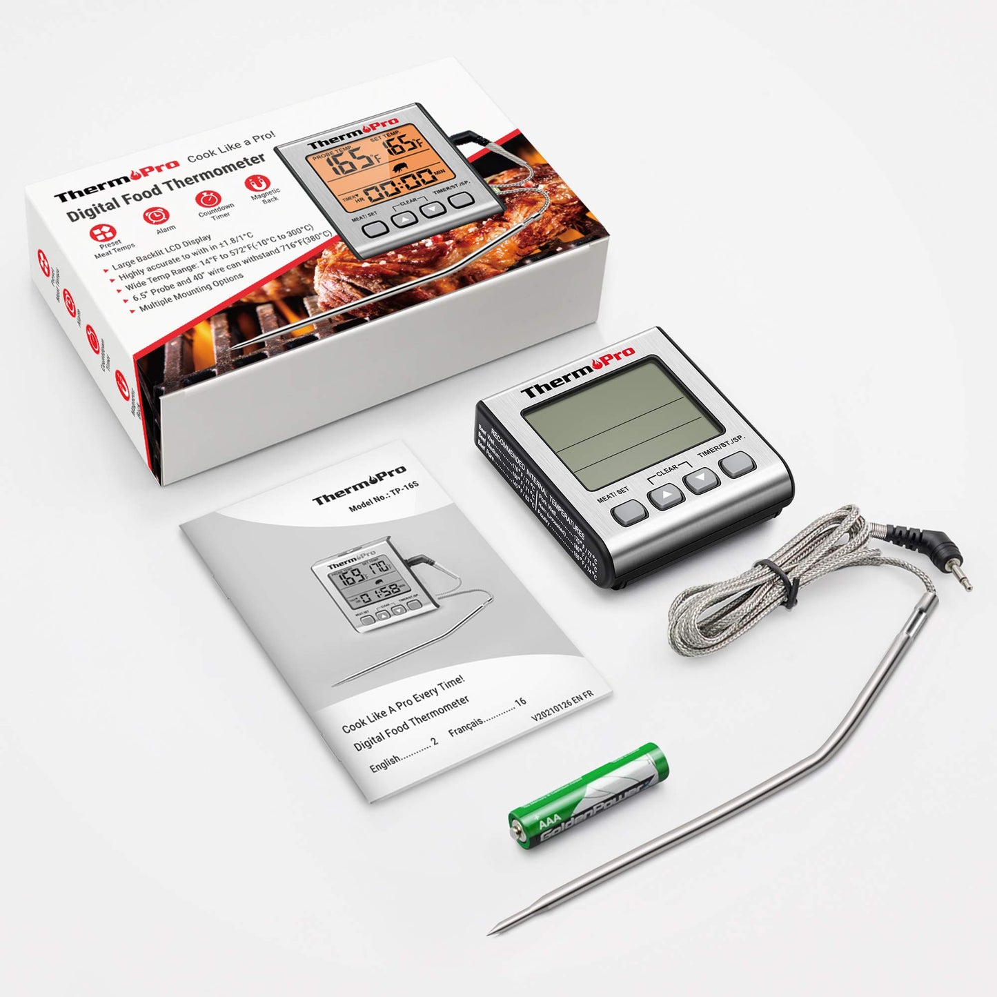 ThermoPro Digital Meat Thermometer Grill Thermometer Roast Thermometer Oven Thermometer with Timer and Backlit Temperature range up to 300°C Kitchen thermometer for BBQ Grill Smoker