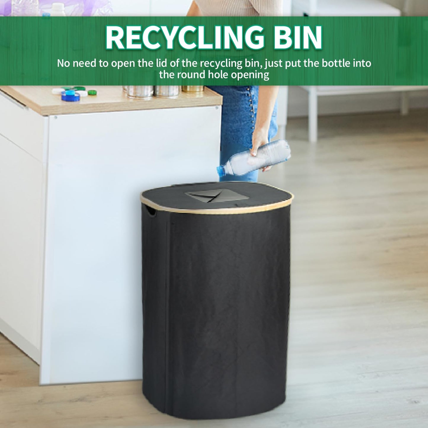 MOWETOO 110L deposit bottle collection container with lid & 2 detachable carrying bags, large deposit bottle storage, container for empty bottles & used glass storage, kitchen pantry bottle bag.