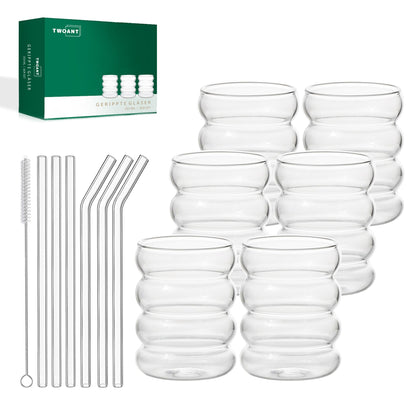 Ribbed Glasses Set (350ml x 6) Cocktail Glasses Wavy Water Glasses Drink Glasses Juice Glasses Drinking Glasses made of glass Glasses for Water Drinking Juice Universal Glasses with glass straws and brushes