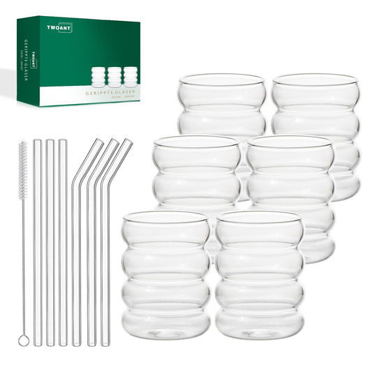 Ribbed Glasses Set (350ml x 6) Cocktail Glasses Wavy Water Glasses Drink Glasses Juice Glasses Drinking Glasses made of glass Glasses for Water Drinking Juice Universal Glasses with glass straws and brushes