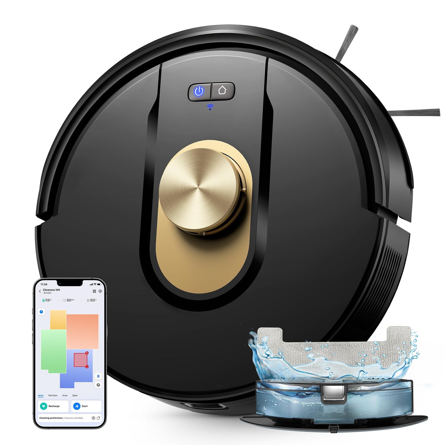 Vexilar W9 Vacuum Robot with mopping function, 5000Pa suction robot with LiDAR navigation, 3-in-1 vacuum and mop robot, 150 min max, 15 no-go zones, app control, ideal for pet hair and carpet.