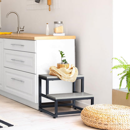 LIANTRAL Step Stool for Adults and Kids, 2-Step Stool, Heavy Duty Steel and Stable Wooden Stool, Holds up to 200KG, Step Stool for Bed, Kitchen, Bathroom, Grey