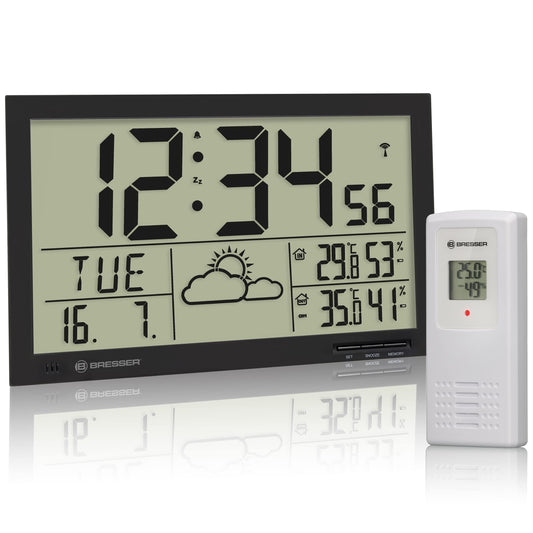 Bresser weather station with outdoor sensor MyTime Jumbo LCD weather wall clock with outdoor sensor and extra large digits for table and wall mounting, black.