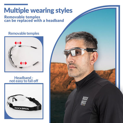 ROCKBROS self-tinting cycling glasses sunglasses for men/women with UV 400 and headband for eyeglass wearers. Ideal for outdoor activities like running and mountain biking. Transparent lenses.