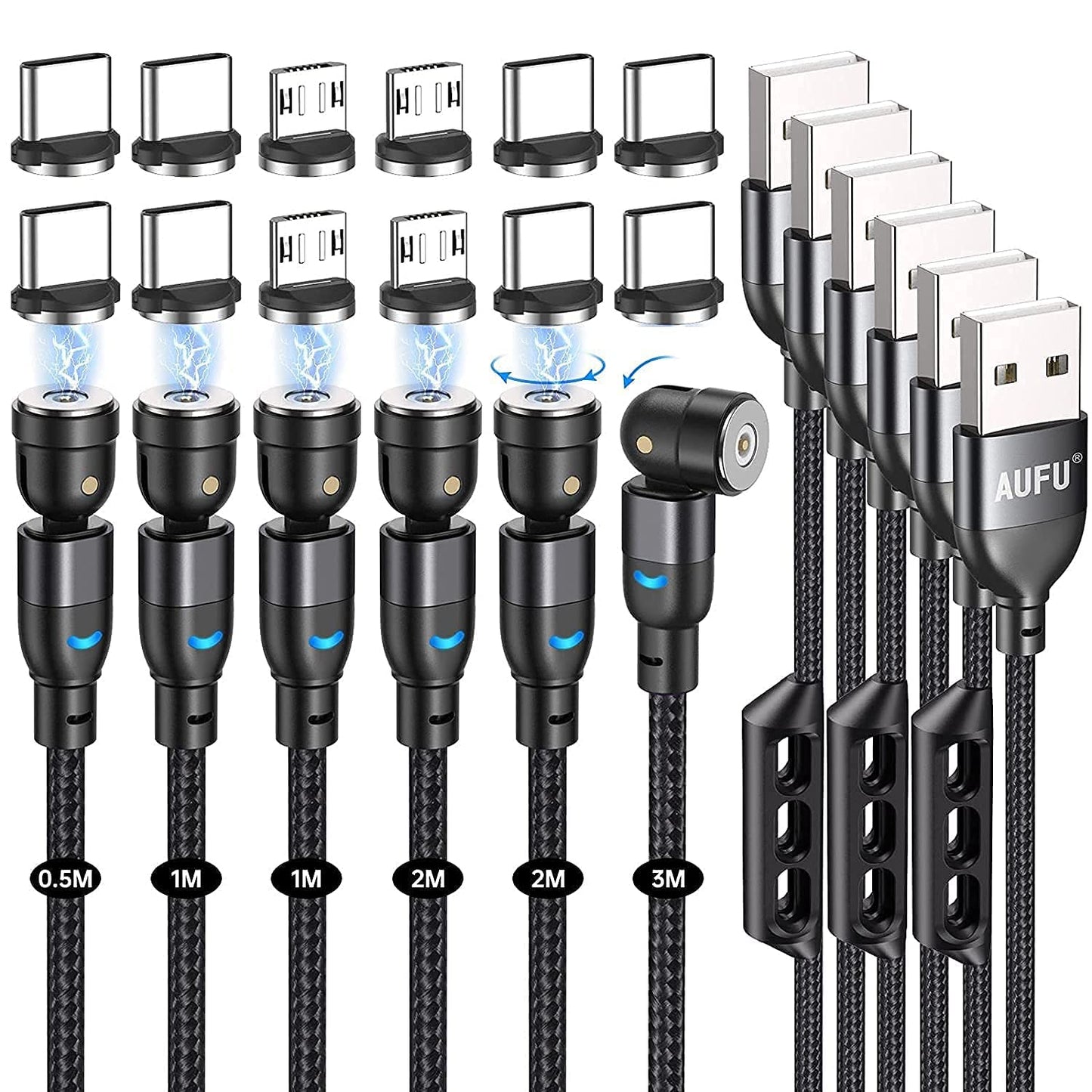 Magnetic charging cable, Magnetic charging cable [6 pieces, 0.5m 1m 1m 2m 2m 3m], USB C Magnetic Cable 360° and 180° Rotatable magnetic cable with Micro USB/Type C for smartphones