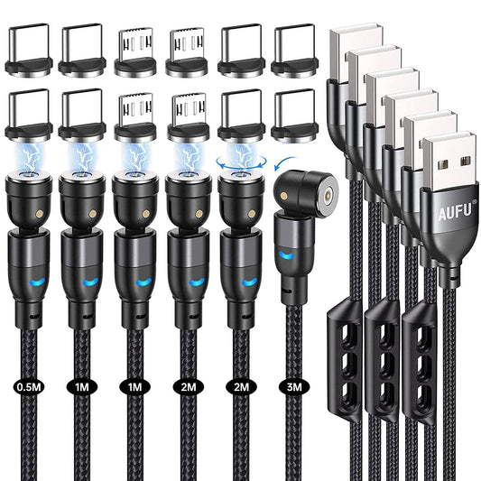 Magnetic charging cable, Magnetic charging cable [6 pieces, 0.5m 1m 1m 2m 2m 3m], USB C Magnetic Cable 360° and 180° Rotatable magnetic cable with Micro USB/Type C for smartphones