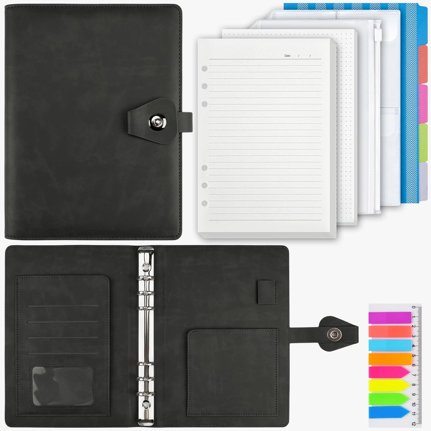 A5 ring binder, refillable A5 ring binder with 100 sheets of refill paper, leather notebook with binder pockets, binder for school notes and travel journals, gift for girls, boys (Black)