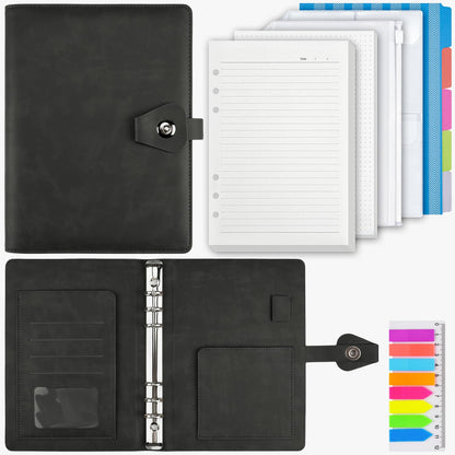 A5 ring binder, refillable A5 ring binder with 100 sheets of refill paper, leather notebook with binder pockets, binder for school notes and travel journals, gift for girls, boys (Black)