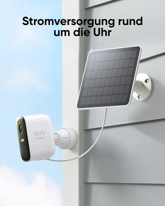 eufy Security Solar Panel (3W) is compatible with eufyCam, providing continuous power supply. It is IP65 weatherproof for outdoor surveillance and camera charging, with a 2m long cable.
