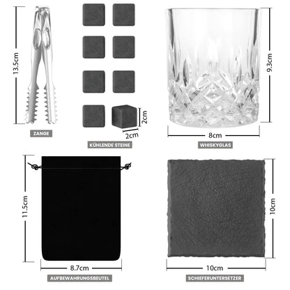 Twhisky Premium Whisky Glasses Gift Set - 2 Whiskey Tumblers 300 ml, 8 Reusable Whisky Stones made of Basalt, 2 Slate Coasters, Tongs & high-quality Gift Box