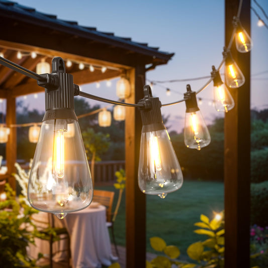 Kawaya outdoor string lights, 30m string lights LED with 50+2 ST38 bulbs, waterproof IP65 garden decoration string lights for patio, trees, wedding, party, festival, 2700K warm white.