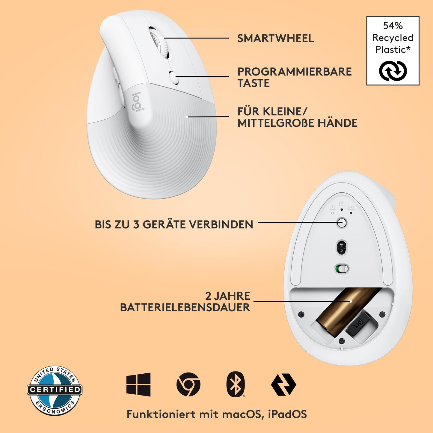 Logitech Lift Vertical Ergonomic Mouse, Wireless, Bluetooth or Logi Bolt USB Receiver, Quiet Clicks, 4 Buttons, Compatible with Windows/macOS/iPadOS, Laptop, PC - White