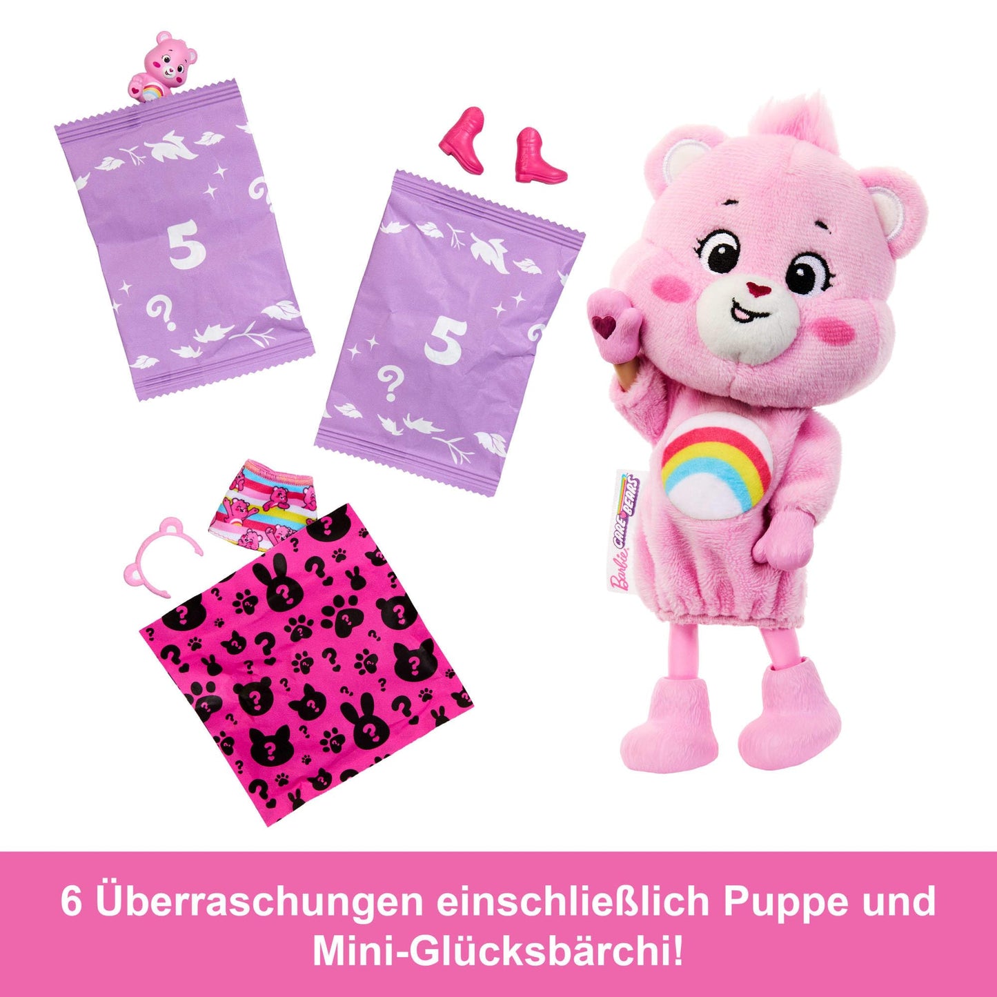 Barbie Cutie Reveal Chelsea doll and accessories, Care Bears line, small doll in plush costume with 6 surprises (styles may vary), JCN97