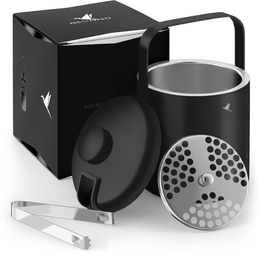 Beyond Ice Bucket with Lid and Tongs 100% BPA free made of stainless steel - Double walled ice bucket, 1.3 liters. Ice container for ice cubes, ice bucket for ice cube storage (black).