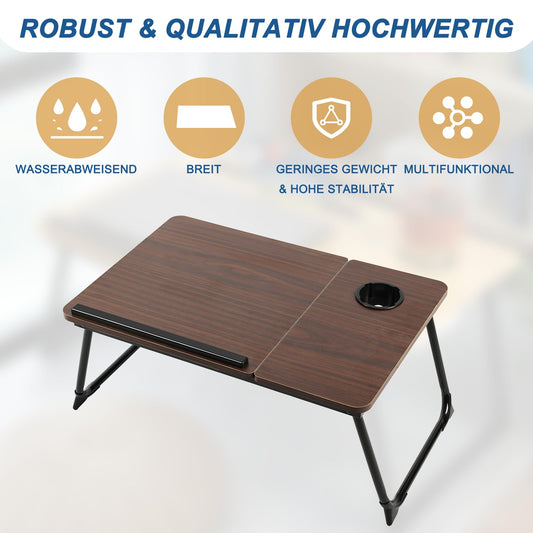 Laptop table for bed, EDWINENE bed tray Foldable Adjustable Laptop Table for Couch, Laptop Bed Desk with Drink Holder, Folding Table for Working Studying Reading Eating (Brown)