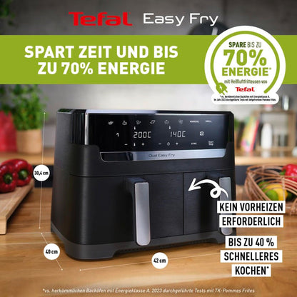 Tefal Dual Easy Fry hot air fryer with two chambers, 5.2/3.1 L capacity, two independent drawers, 7 automatic programs, energy-saving, black, EY9018.