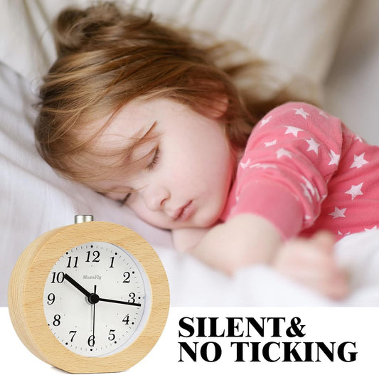 Analog alarm clock without ticking, set of 2 wood alarm clocks with snooze, battery operated retro table clock with night light for bedroom, night kids, and office (1xAA battery required)