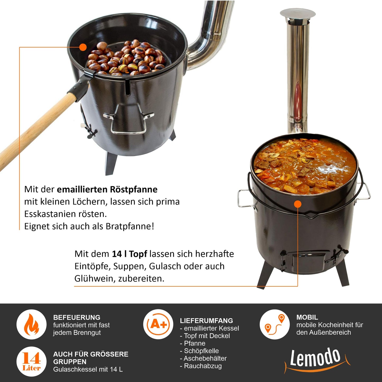 NATIVE Goulash cannon | Goulash kettle with 14 L | One-pot stove for cooking without electricity and gas | Rocket stove for crisis preparedness | Wood stove with extensive cooking accessories