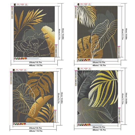 4 pieces of Diamond Painting Leaves 40x50 cm Diamond Painting Leaves Gold and Black Diamond Painting Pictures Modern Style Diamond Art Minimalism for Living Room Embroidery Kit Adults Stickers