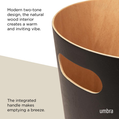 Umbra Woodrow Waste Bin - Two-Tone Wood Trash Can for Office, Bathroom, Living Room, and More, 7.5L Capacity, Natural/Black