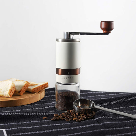 Vucchini Manual Coffee Grinder with External Adjustable Coarseness, Stainless Steel, Ceramic Conical Burr, Milk White, Portable Grinder for On-the-Go in Home Office.