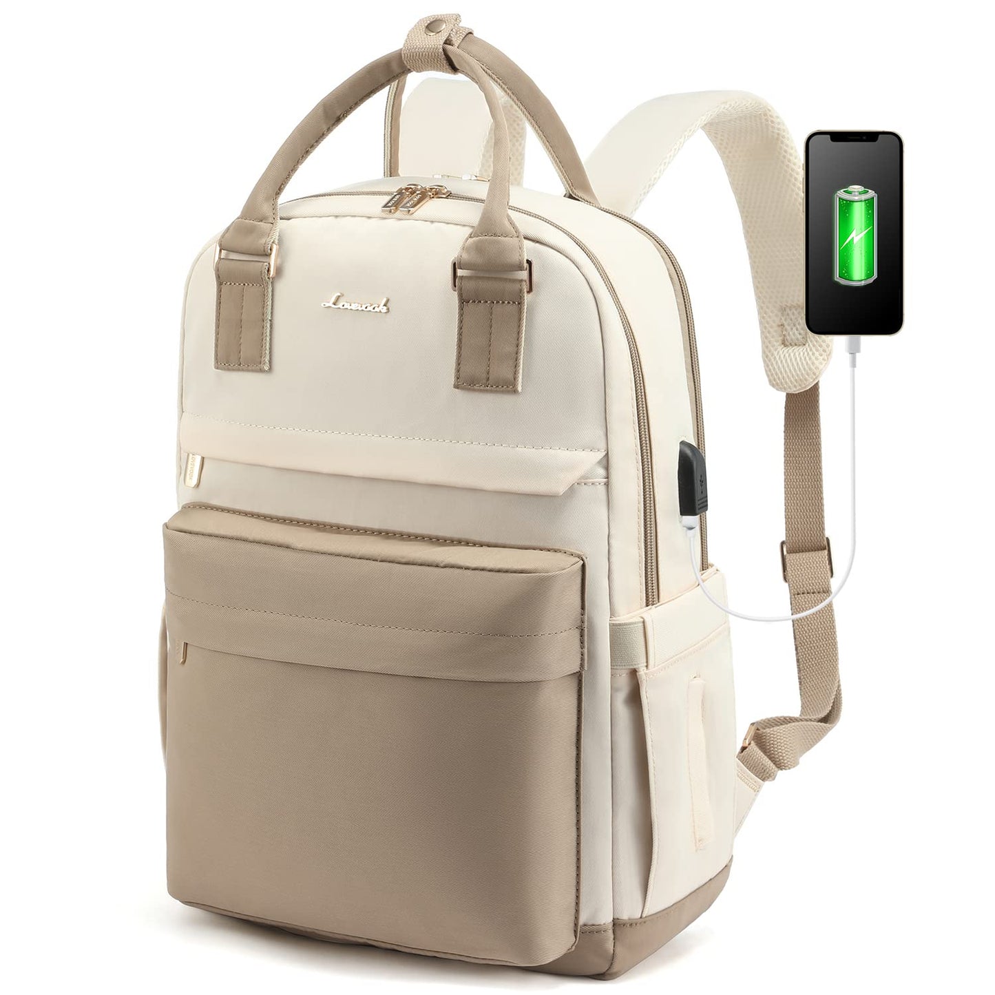 LOVEVOOK backpack for women, 15.6 inch laptop school backpack for girls teenagers with laptop compartment, waterproof school bag daypack elegant for school college travel work, khaki beige