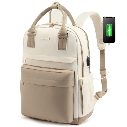 LOVEVOOK backpack for women, 15.6 inch laptop school backpack for girls teenagers with laptop compartment, waterproof school bag daypack elegant for school college travel work, khaki beige