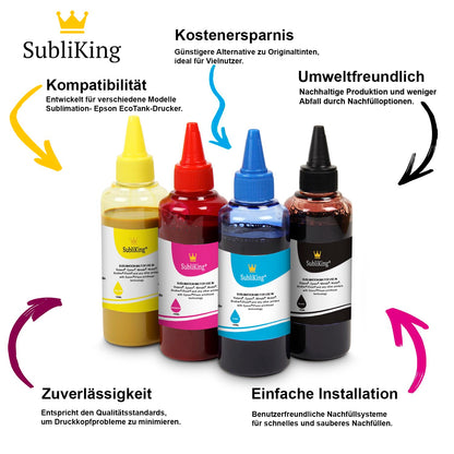 4x 100ml SubliKing® Sublimation Ink (CMYK set) for Epson, Ricoh, & Sawgrass.