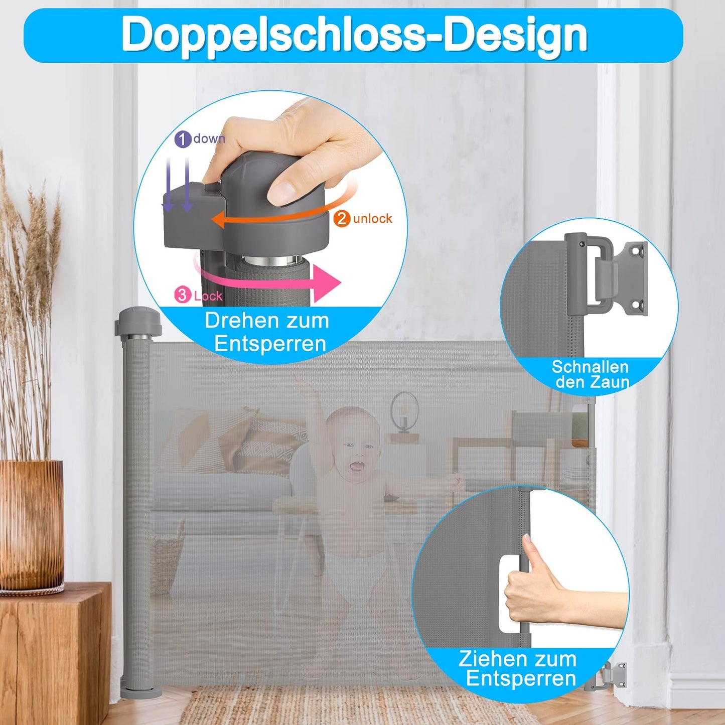 NAIZY door safety gate roller 0-180cm stair gate roller dog door gate and baby stair gate retractable door expandable dog barriers for indoor and outdoor use - Gray