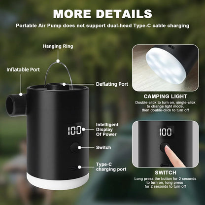 Portable Electric Air Pump: 4000mAh Type-C Rechargeable Battery, Ultra-light and Fast Inflating/Deflating Electric Air Pump with Camping Lantern for Air Mattresses (Black)