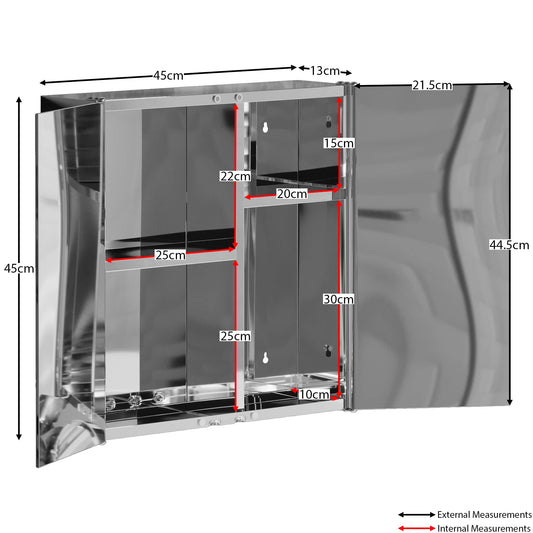 Vida Designs Tiano Bathroom Mirror Cabinet, 2 Doors, Wall Mount, Stainless Steel, Modern Storage Cabinet, Contemporary