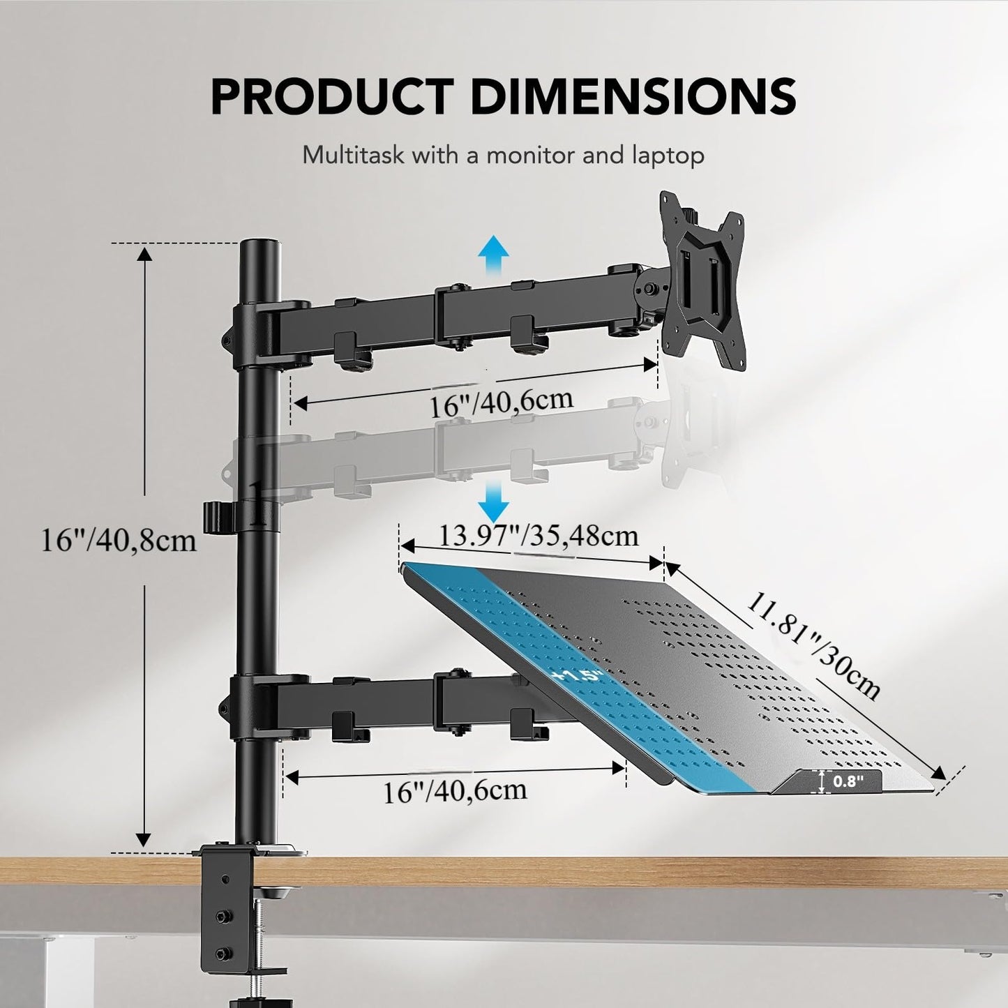 HUANUO monitor mount with laptop arm, monitor laptop mount for 13-32 inch screen mount 1 monitor & 17 inch notebook, VESA 75/100.