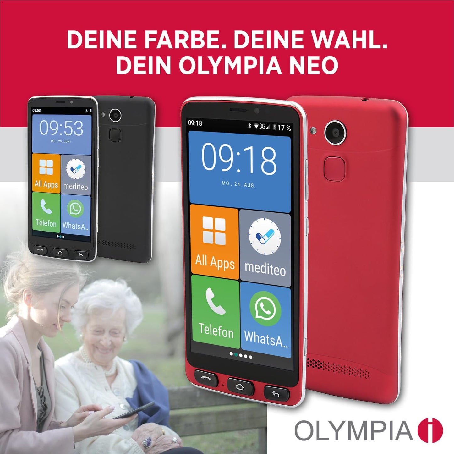 Olympia Neo 16 GB smartphone for seniors | Extra large display | Hearing aid compatible | Emergency call button | Senior smartphone 5.5" display | Whatsapp & Mediteo pre-installed | 8MP camera | Black
