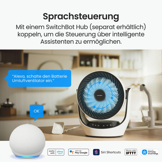 SwitchBot USB desk fan, powerful 24 dB quiet battery-operated circulation fan, Compatible with Alexa/Google/Siri (Hub required), 4 modes, 9-hr timer, energy-efficient circulation fan.