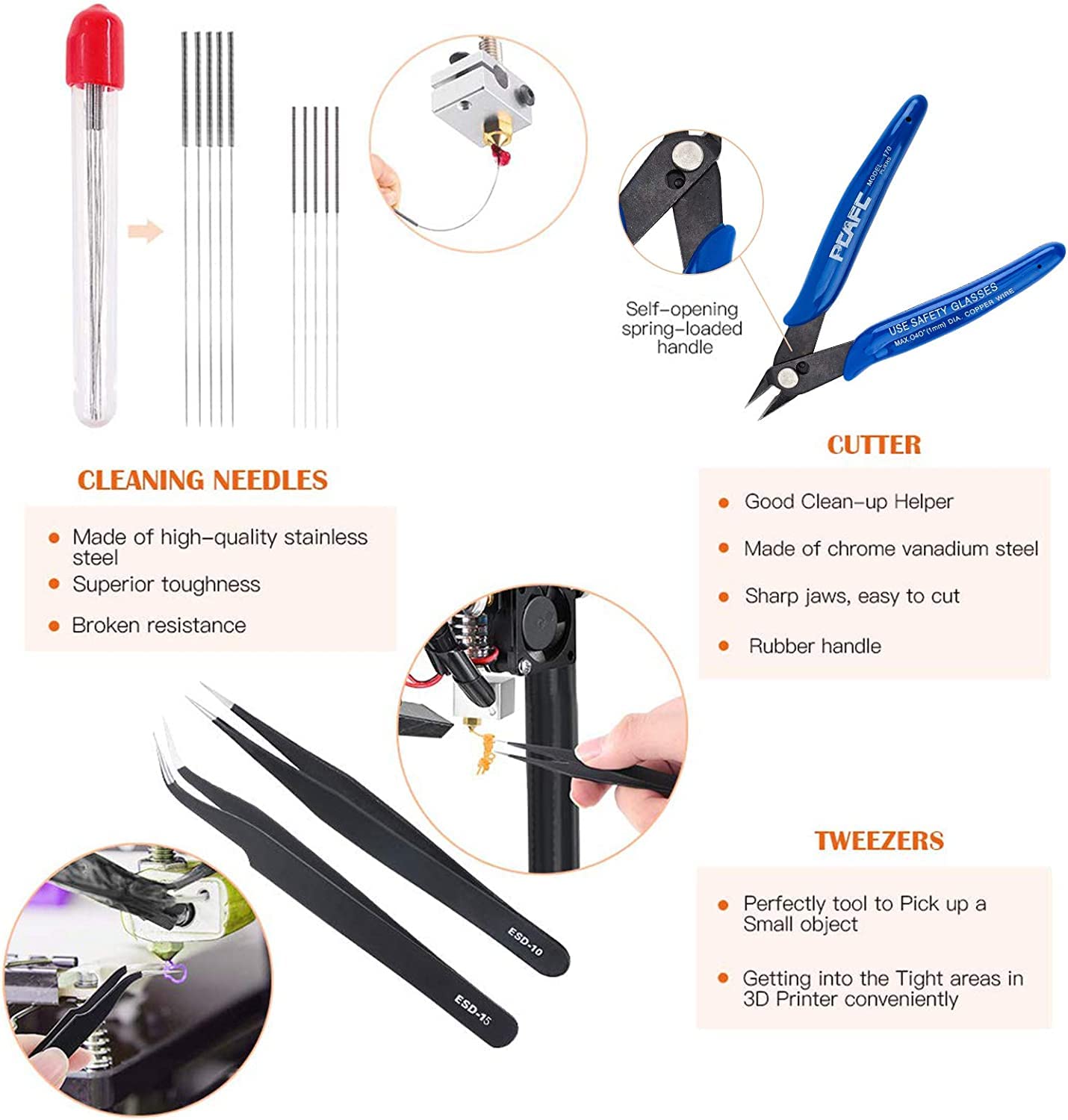 OLYCRAFT 23-piece 3D printer nozzle cleaning and removal tool set includes spatula knives, wire brush, scraper knives, diamond files, and tweezers for 3D printer cleaning.
