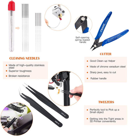 OLYCRAFT 23-piece 3D printer nozzle cleaning and removal tool set includes spatula knives, wire brush, scraper knives, diamond files, and tweezers for 3D printer cleaning.