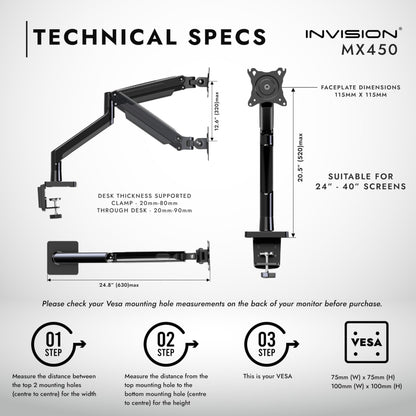 Invision monitor mount for 24-40 inch screens VESA 75-100 mm. Ergonomic, adjustable height, tilt, extendable. Supports 2-15 kg.