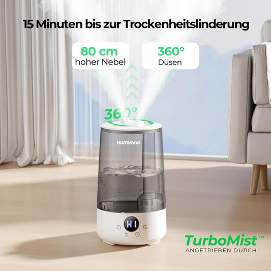 Homvana Humidifier Bedroom Top-Fill, 3.6L 360° Cool Mist 34H Long-lasting, Quiet 16dB (SilentSpray Tech) Small, Nursery Baby, BPA Free, Plant Aromatherapy Diffuser 7-Color Night Light