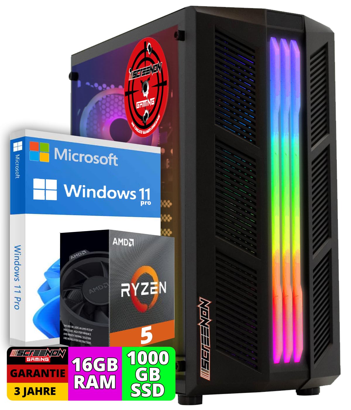 ScreenOn Gaming PC Ryzen 5 5600G • Radeon Vega 7 (2 GB) graphics card • 16 GB RAM DDR4 3200 MHz • 1000 GB SSD • Windows 11 Pro • WLAN 300 Mbit/s • Gaming PC computer with 3 years warranty!