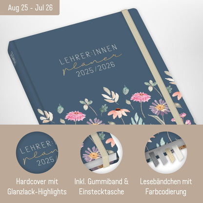 Häfft® Teacher Planner 2025/2026 A5 + "Flying Flowers" Hardcover Teacher Calendar/School Year Planner with 236 pages, stickers, and more - sustainable & environmentally friendly.