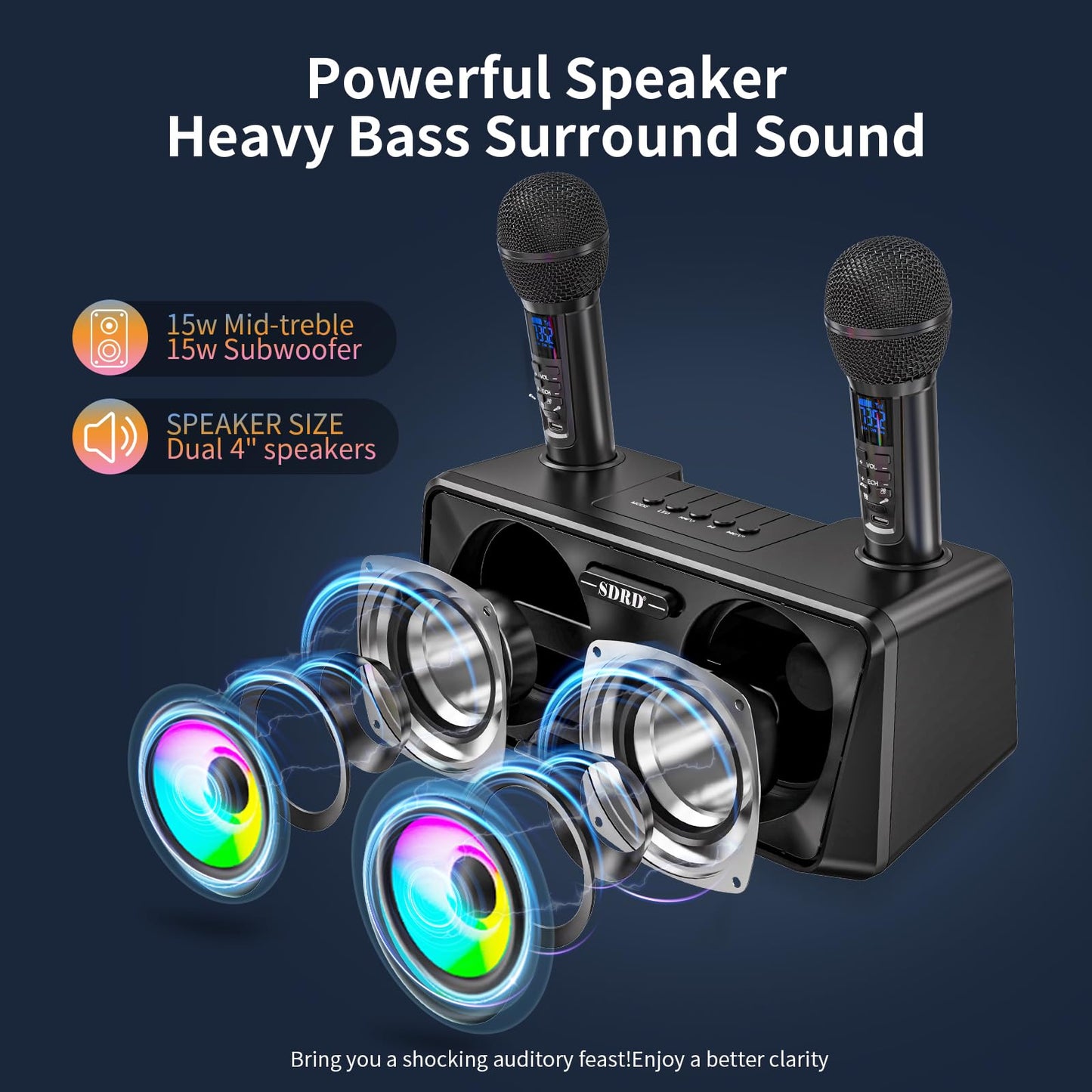 Karaoke Machine for adults and kids with 2 UHF wireless microphones, portable Bluetooth singing speaker, PA system with disco lights, cell phone holder for home, party, picnic (black)