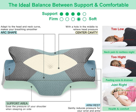 Elviros Orthopedic Memory Foam Pillow, Side Sleeper Pillow Neck Support, Head Pillow Neck Pain, Ergonomic Sleep Pillow for Neck and Shoulder Pain, 64 x 12.5/10.5 x 38cm