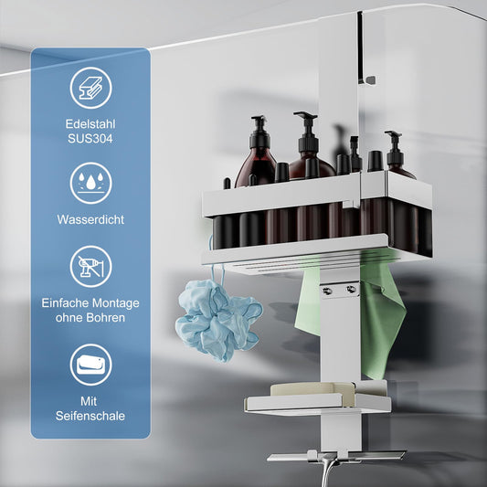 Ulioyer Hanging Shower Caddy with Soap Holder, SUS304 Stainless Steel Shower Shelf No Drilling for Frameless Glass Door, Shampoo Shower Gel Holder for Shower (Style B (Silver))