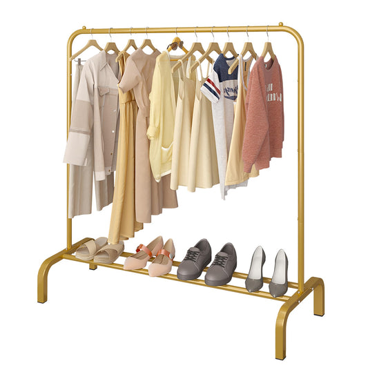 JIUYOTREE Garment Rack 110 cm Metal Clothes Rail Coat Stand with Shelf for Coats, Skirts, Shirts, Sweaters, Gold