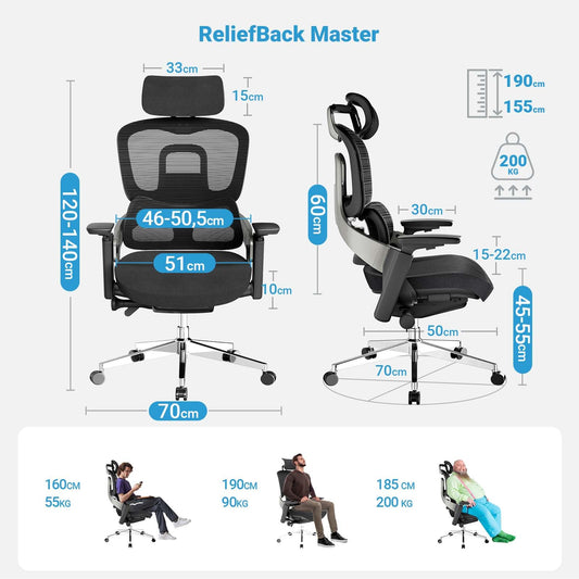 MELOKEA Office Chair 200KG for back pain, with dynamic lumbar support, 4D armrests, adjustable backrest height, adjustable seat depth, EN 1335 Ergonomic Office Chair in Black.
