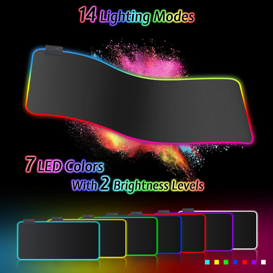 RGB gaming mouse pad 800x300mm XXL gaming mouse pad large with 14 lighting modes 7 LED colors waterproof anti-slip for computer PC professional gamers, black