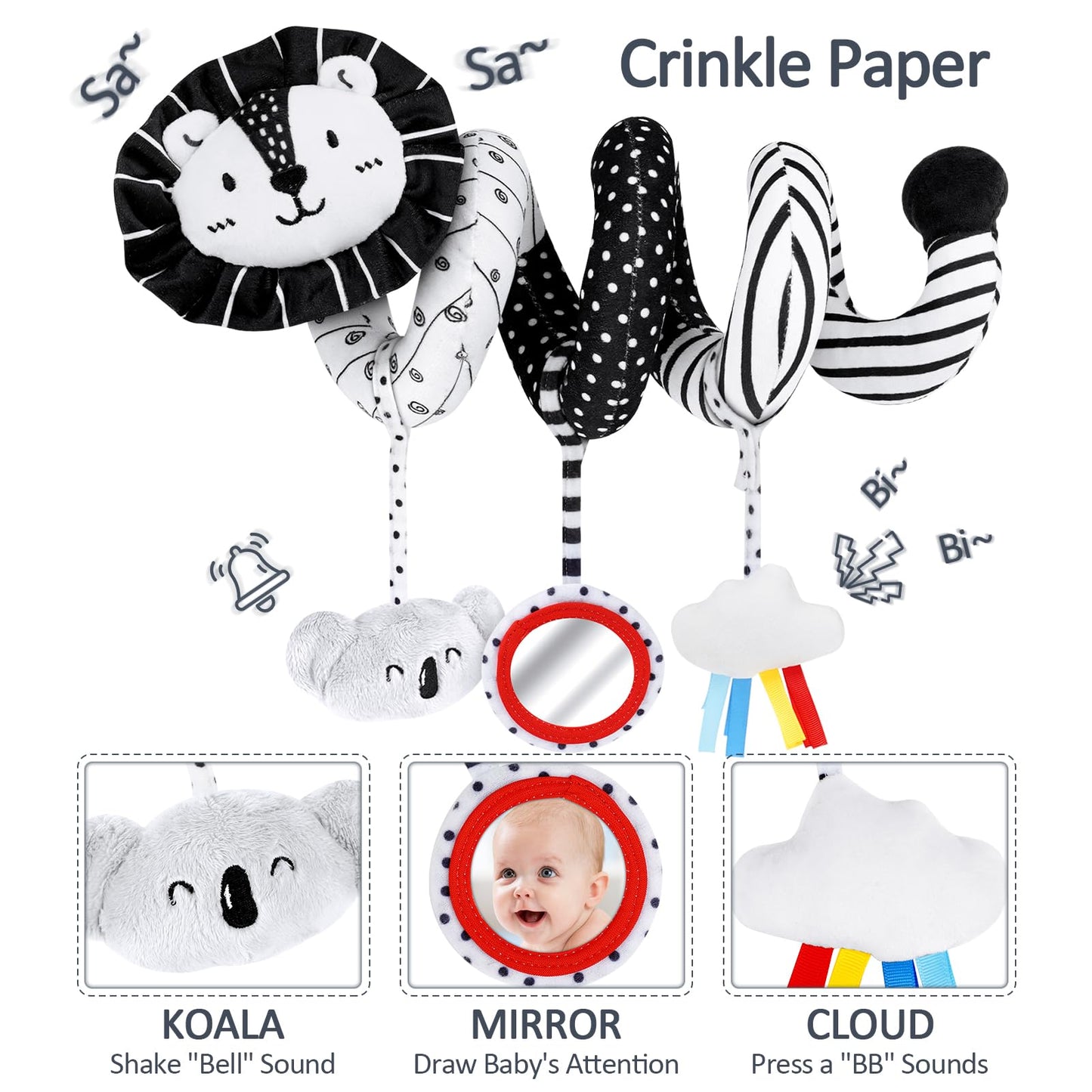 Joyreal Stroller Toy - Black White Toy Fabric Book, Contrast Book Baby, Contrast Cards Baby, Sensory Contrast Toy, Newborn